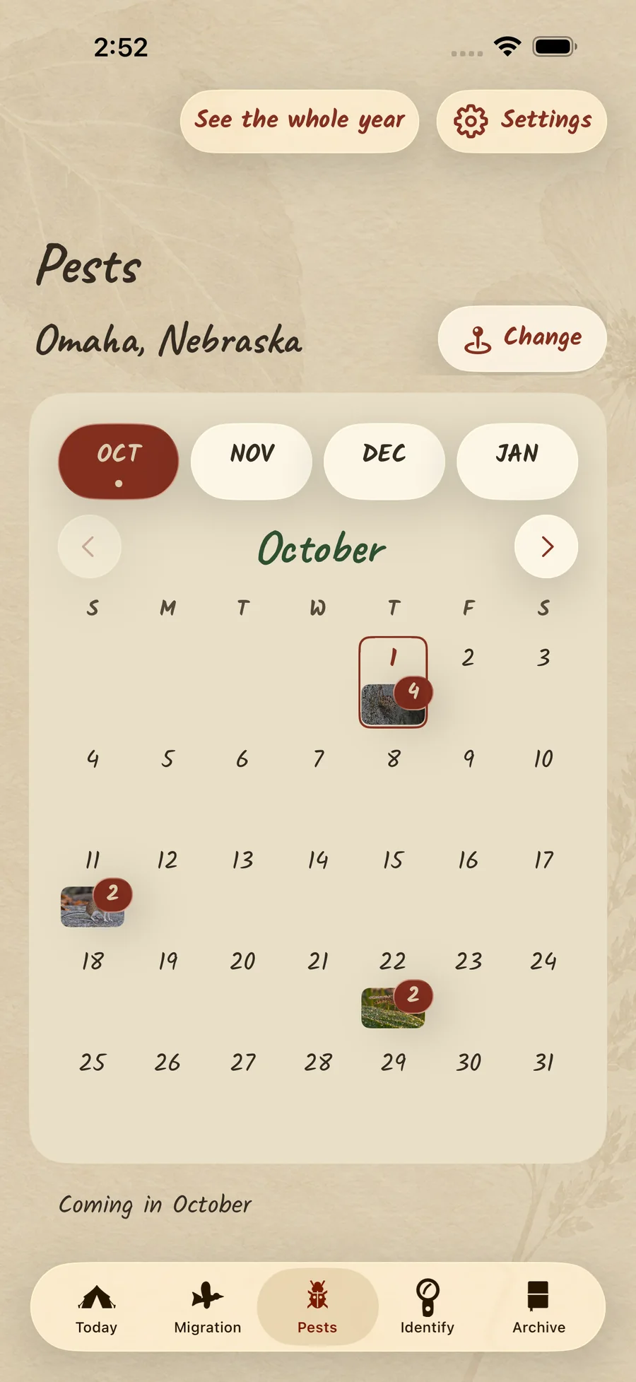 Backporch Pests for Omaha, Nebraska: an October calendar with what is due on the 1st, the 11th and the 22nd