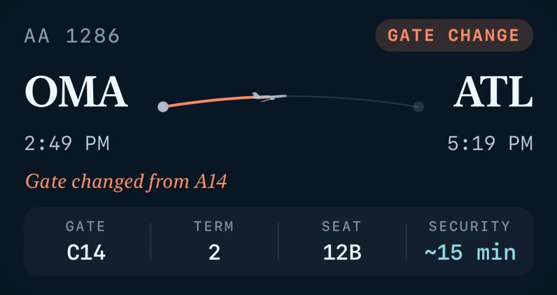 TickKet's Lock Screen card for AA 1286 from OMA to ATL marked Gate change: gate changed from A14, now C14